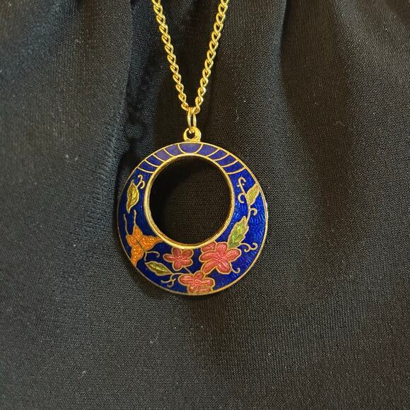 Gold Tone Floral Butterfly Pendant Necklace Enamel Vintage Retro 80s 24" - Picture 3 of 8